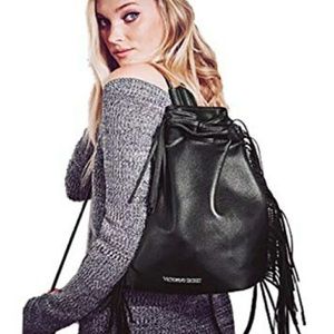 NEW Victoria Secret black leather fringe backpack
